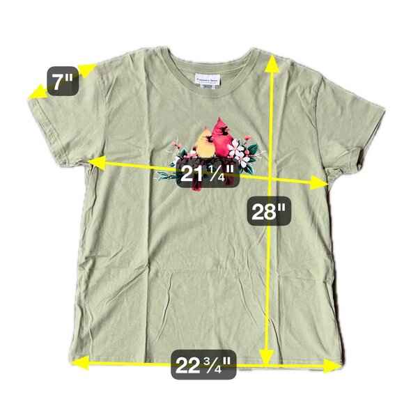 Sage Green T Shirt Cardinals Birds Flowers Size XL Cottage Nature Botanical - Picture 7 of 7